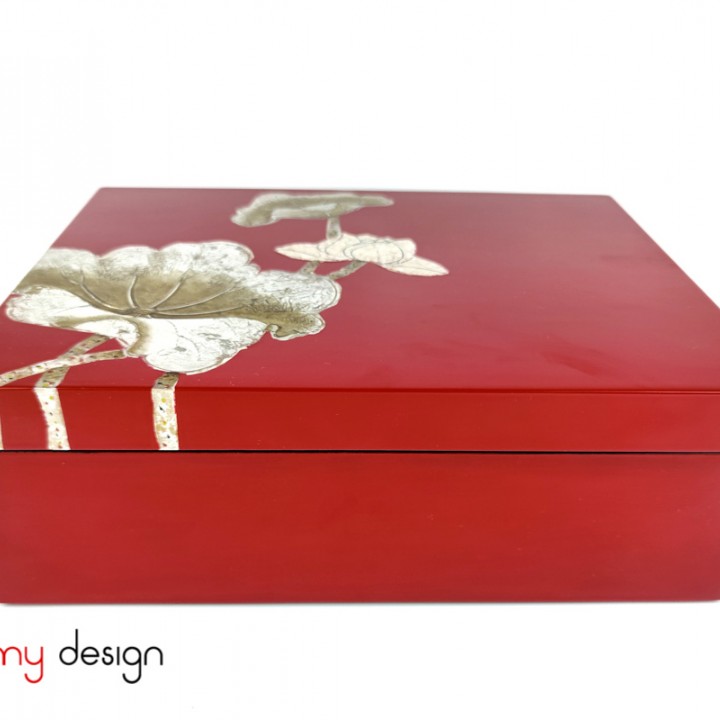 Red rectangle lacquer box hand-painted with lotus 23*30*H10 cm